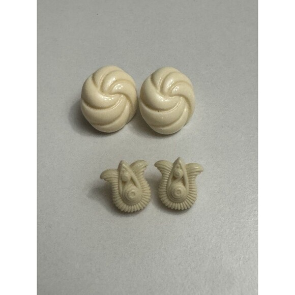 Vintage Celluloid Earrings Ivory White Studs and Clip Ons Set - Picture 7 of 7